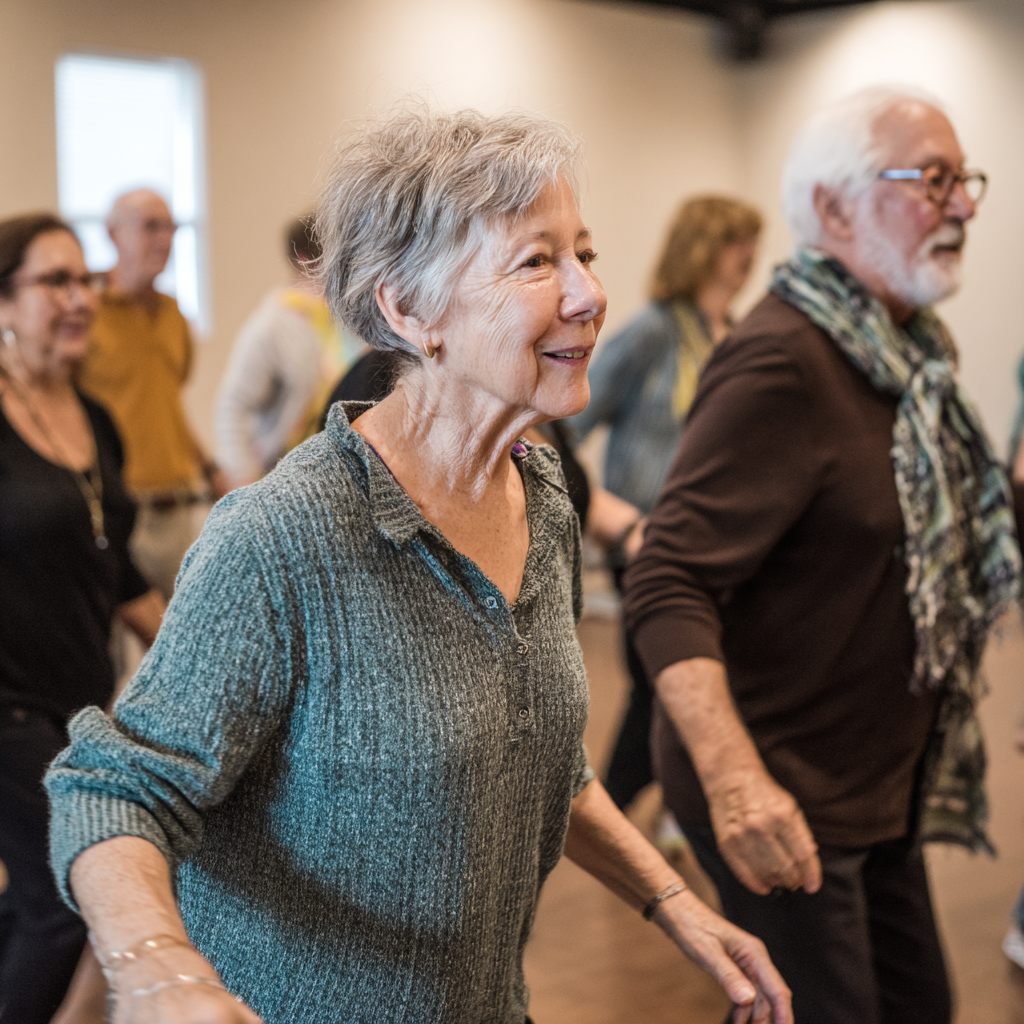 Group of older adults engaged in gentle movement practice