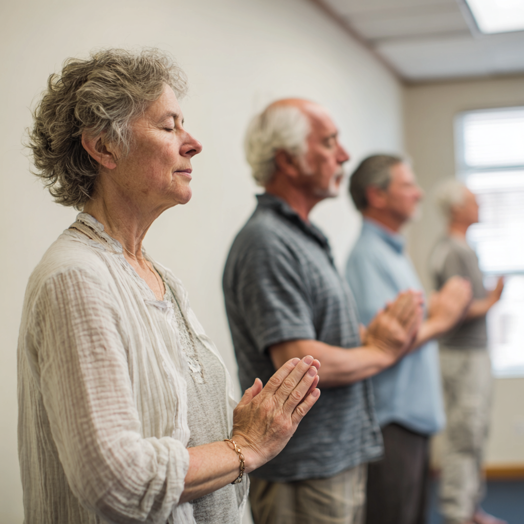 Middle-aged adults practicing gentle movement exercises